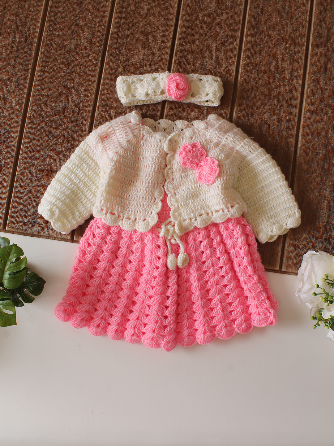 Woonie Crochet Shrug & Headband Frock - Pink