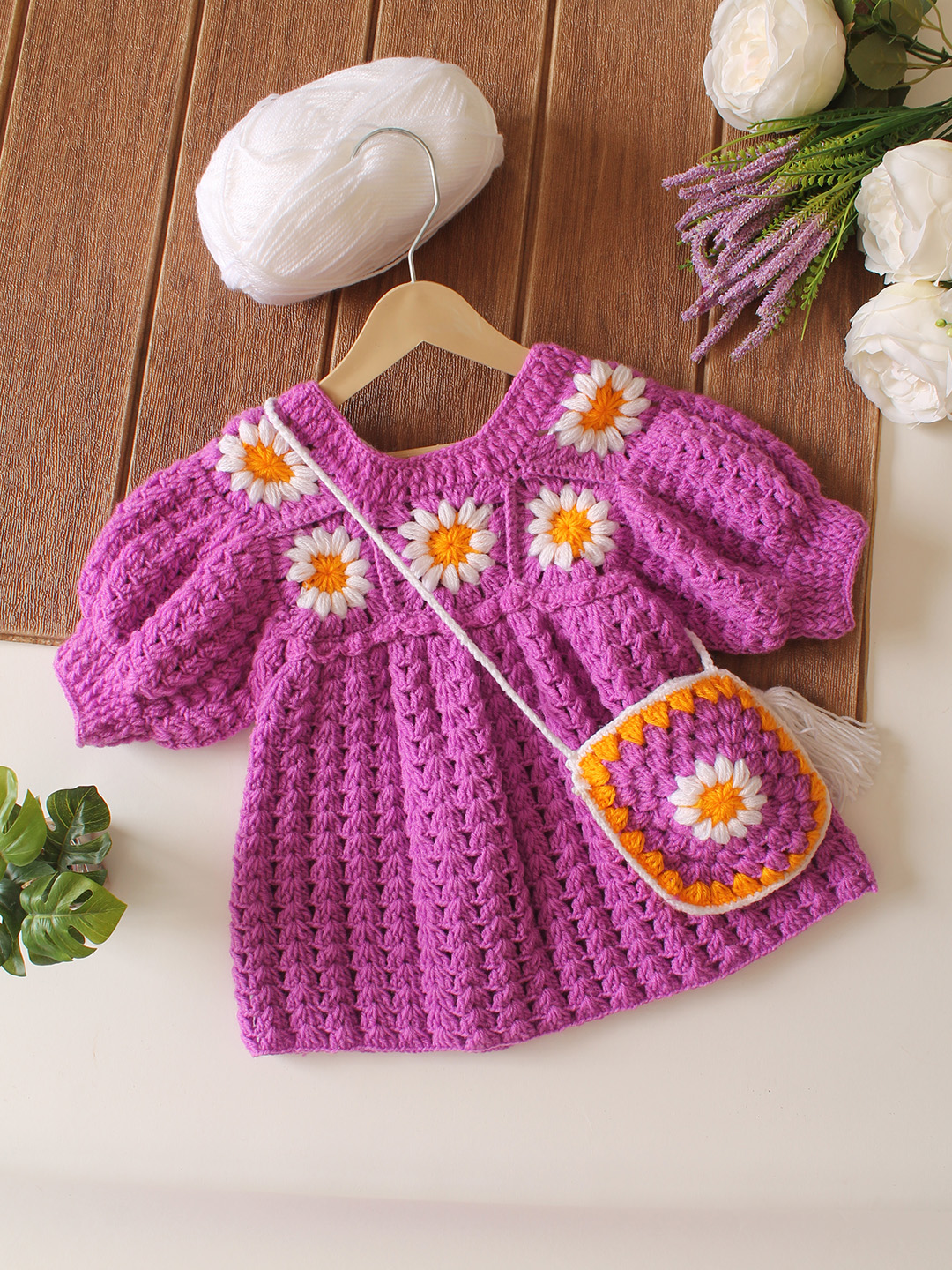 Woonie Crochet Daisy Floral with Bag Frock - Purple