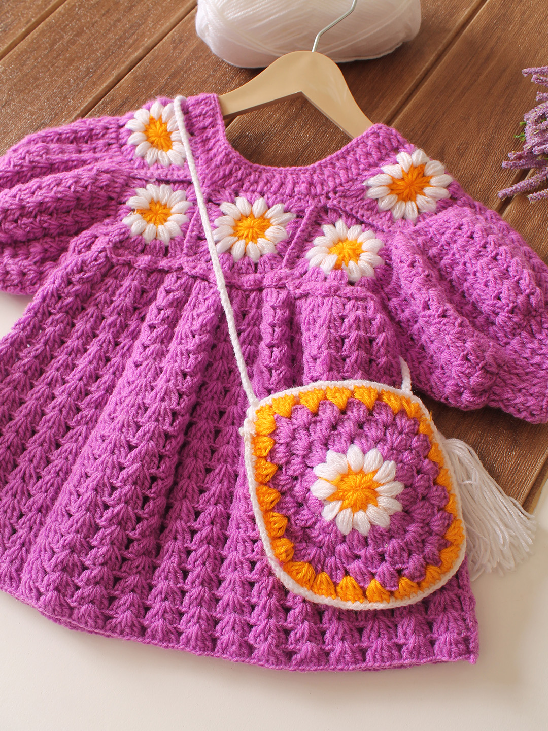 Woonie Crochet Daisy Floral with Bag Frock - Purple