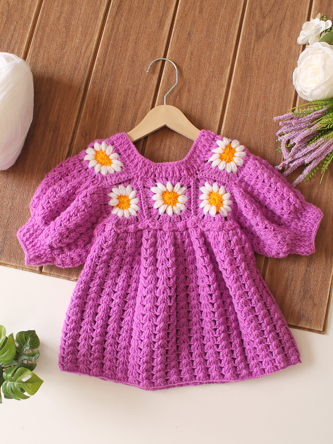 Woonie Crochet Daisy Floral with Bag Frock - Purple