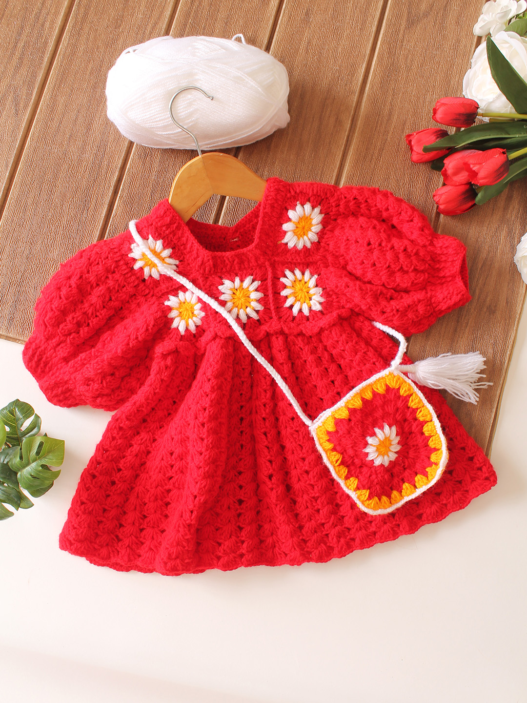 Woonie Crochet Daisy Floral with Bag Frock - Red