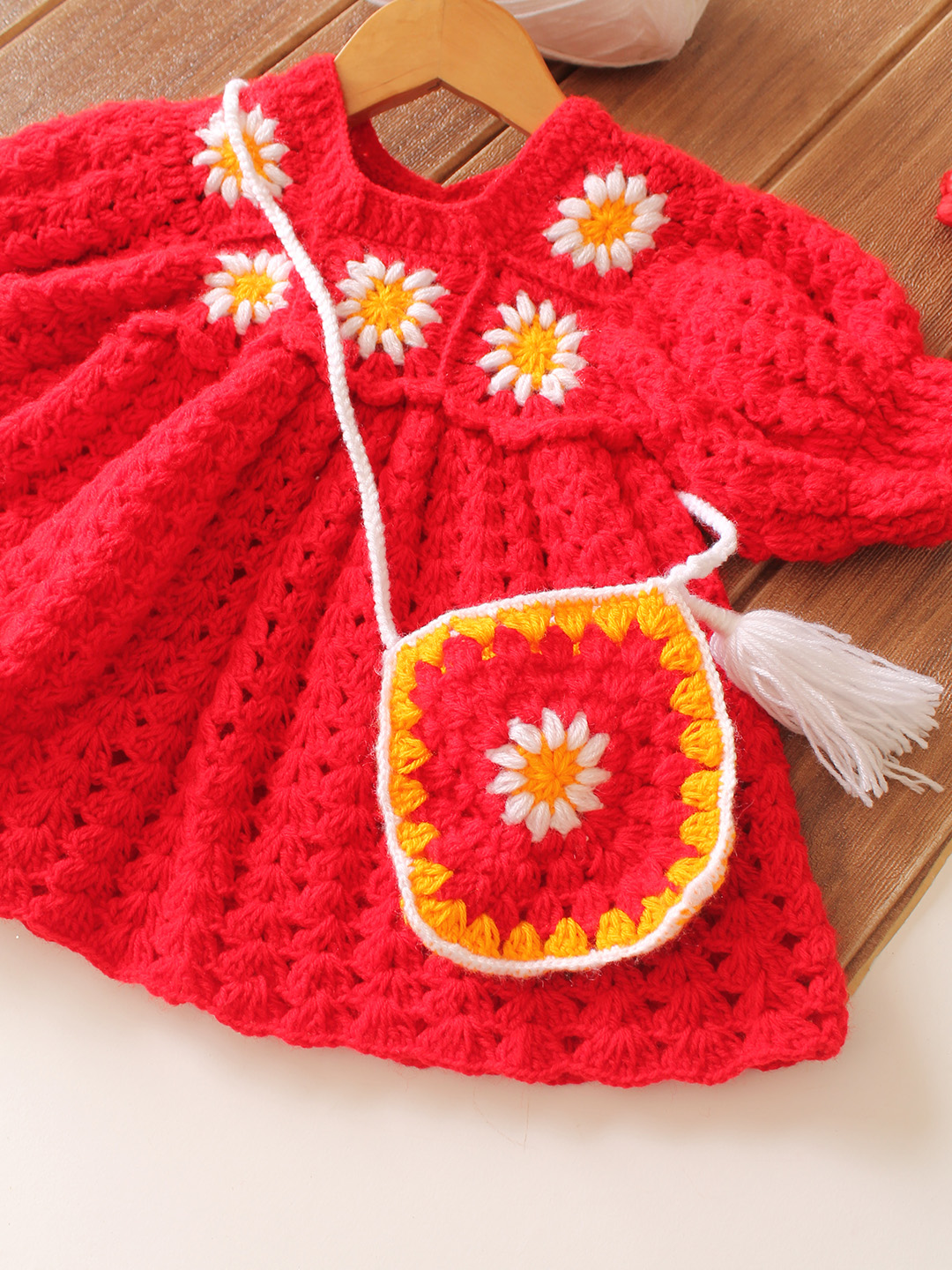 Woonie Crochet Daisy Floral with Bag Frock - Red