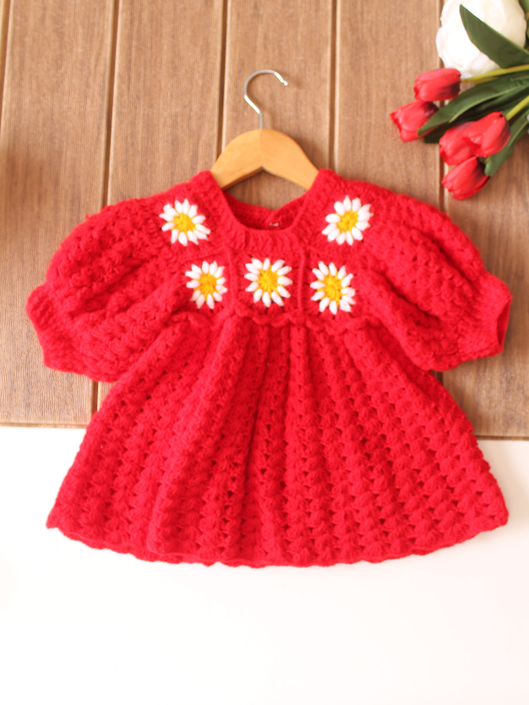Woonie Crochet Daisy Floral with Bag Frock - Red