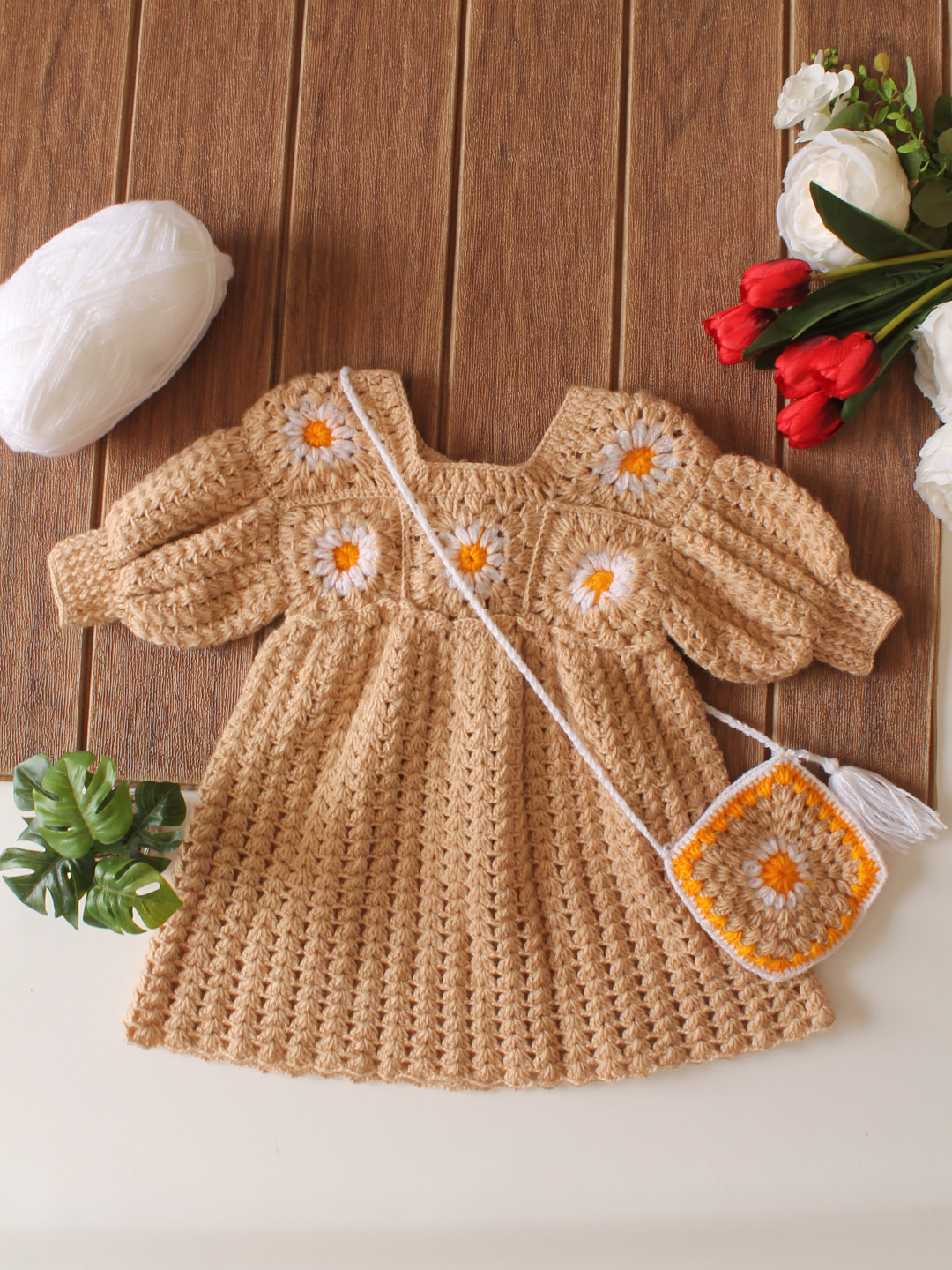 Woonie Crochet Daisy Floral with Bag Frock - Beige