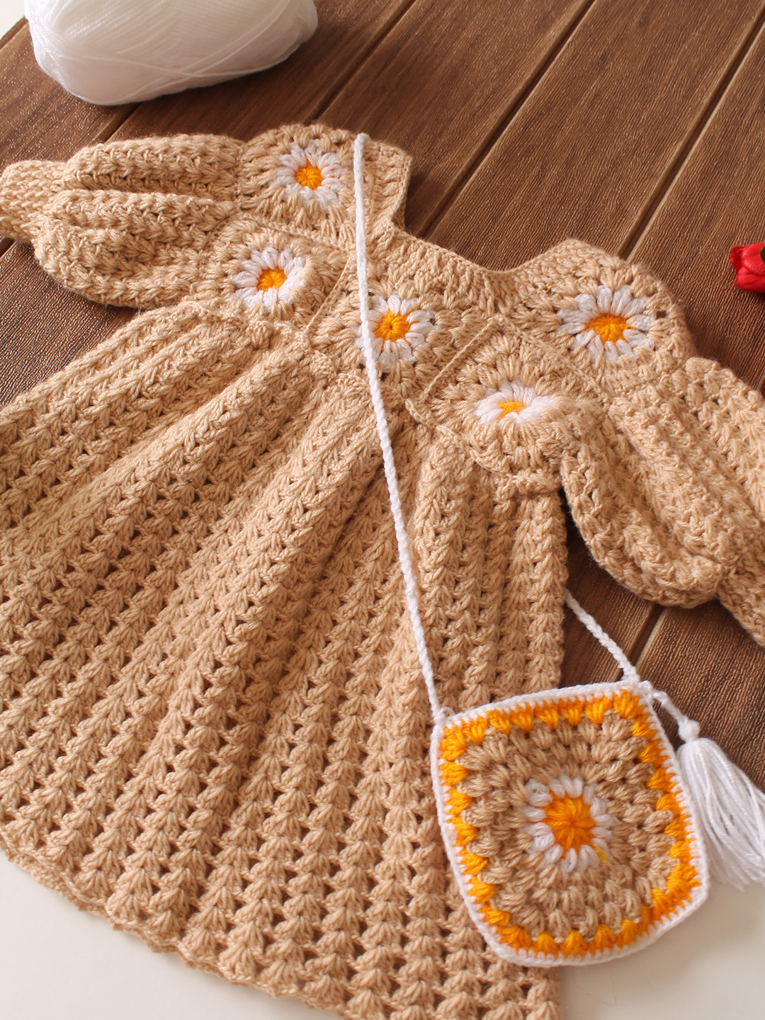 Woonie Crochet Daisy Floral with Bag Frock - Beige