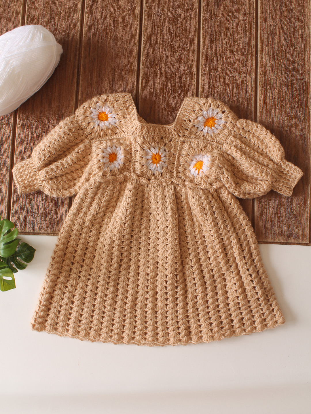 Woonie Crochet Daisy Floral with Bag Frock - Beige