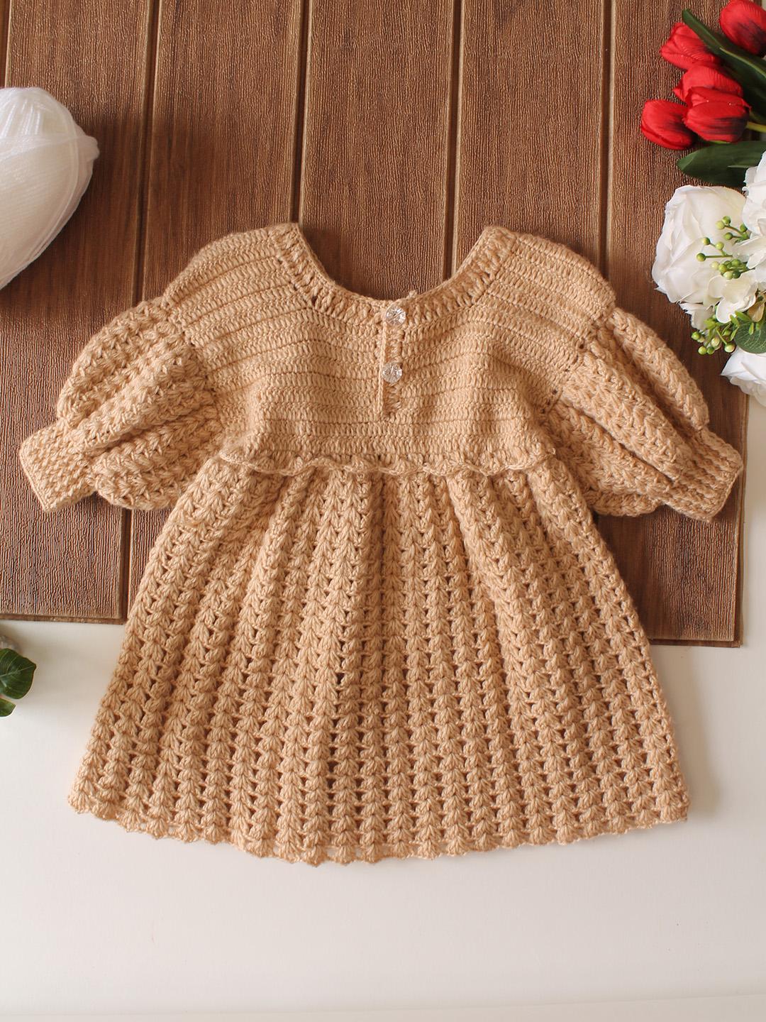 Woonie Crochet Daisy Floral with Bag Frock - Beige