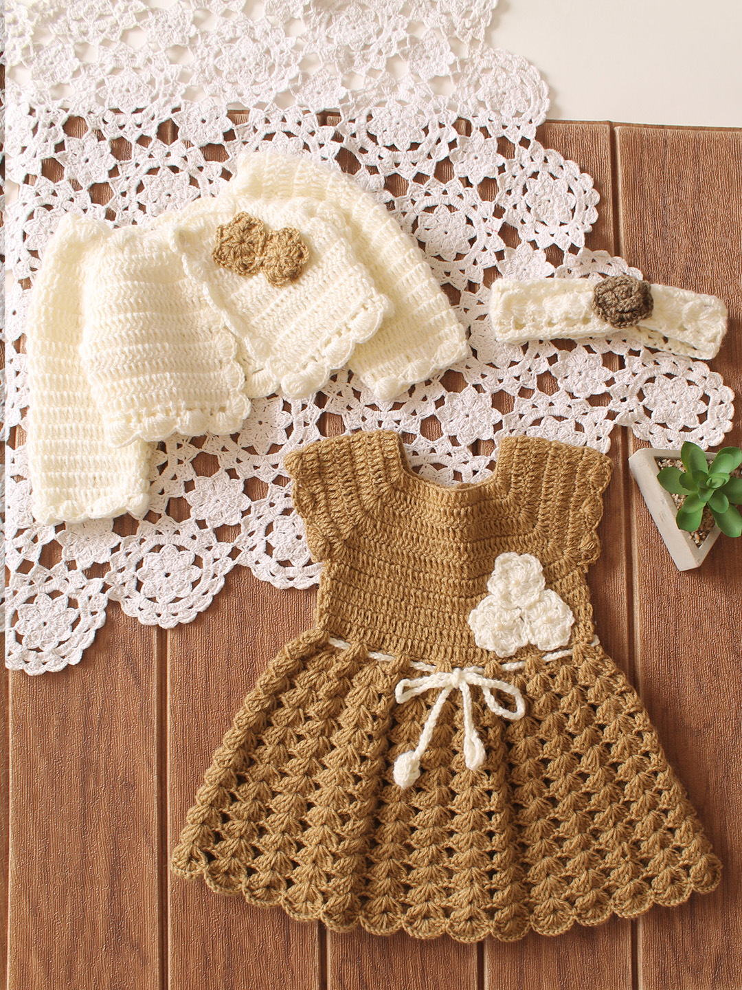 Woonie Crochet Shrug & Headband Frock - Beige