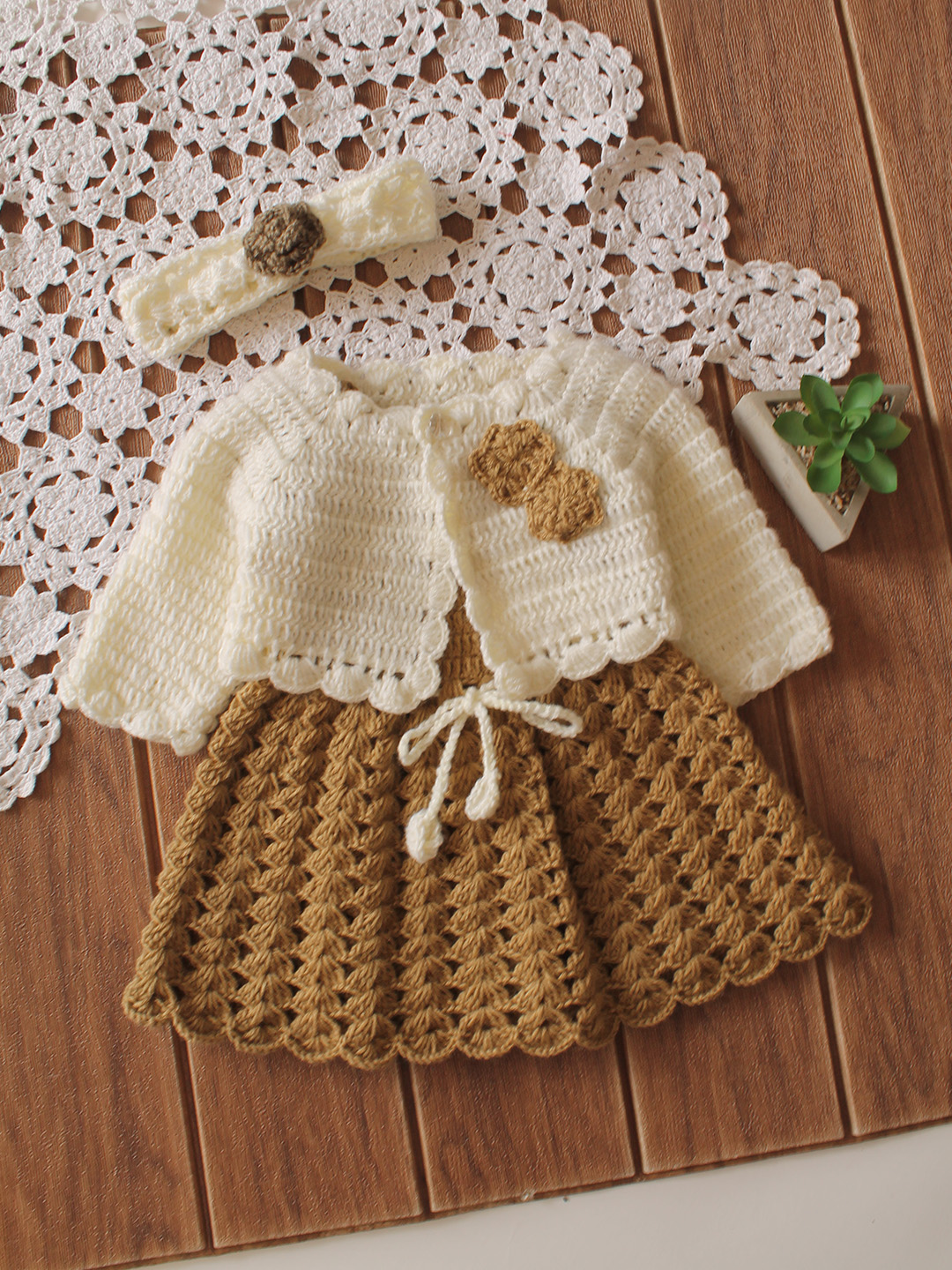 Woonie Crochet Shrug & Headband Frock - Beige