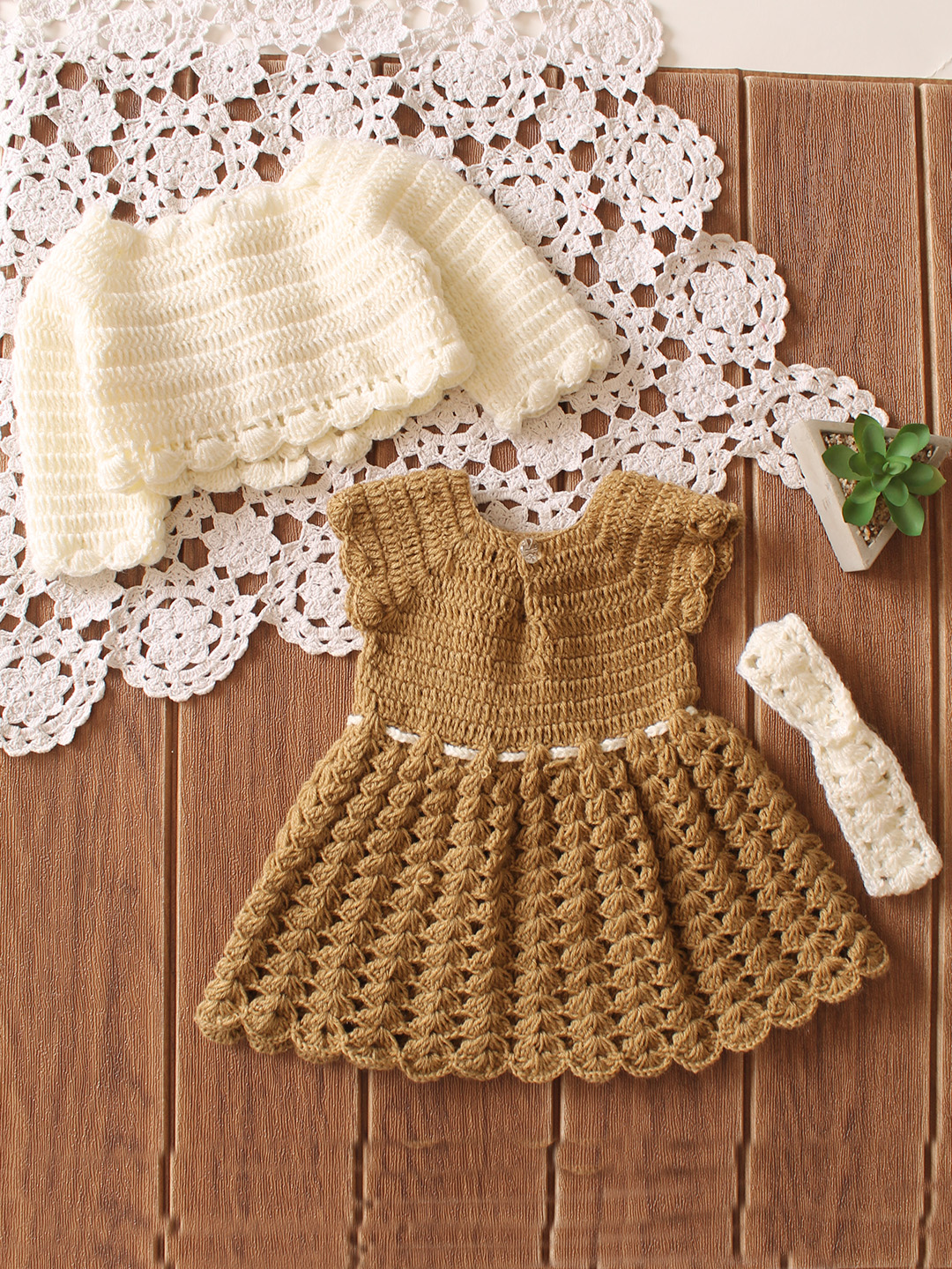 Woonie Crochet Shrug & Headband Frock - Beige