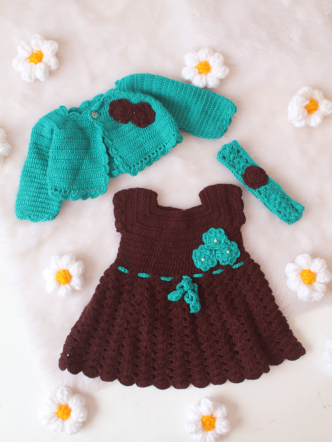 Woonie Crochet Shrug & Headband Frock - Sea Green