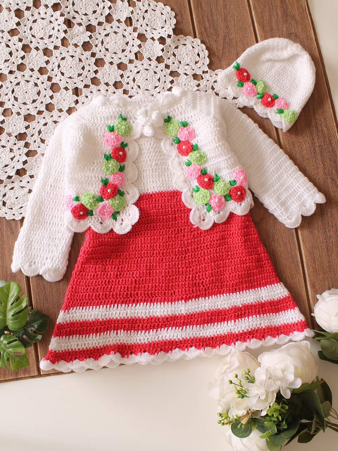 Woonie Crochet Frock with Matching Shrug and Cap - Red