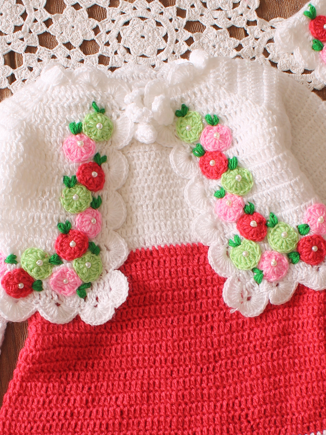 Woonie Crochet Frock with Matching Shrug and Cap - Red