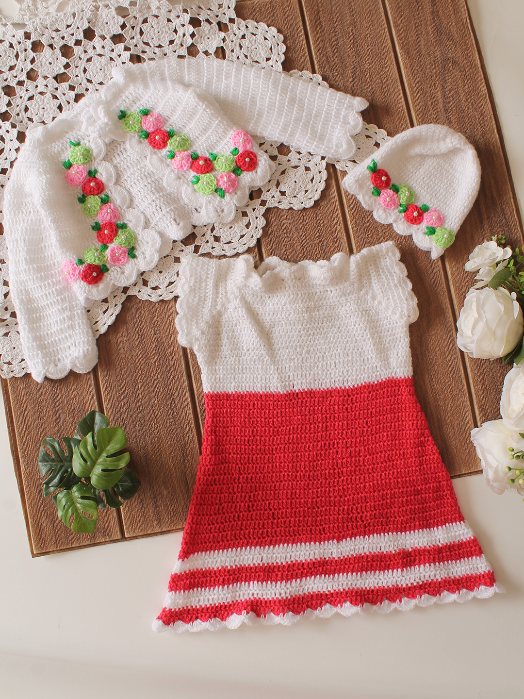 Woonie Crochet Frock with Matching Shrug and Cap - Red