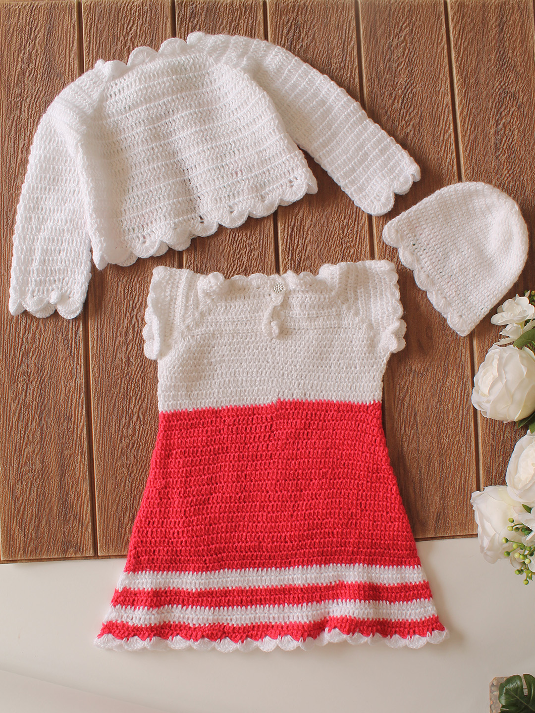 Woonie Crochet Frock with Matching Shrug and Cap - Red
