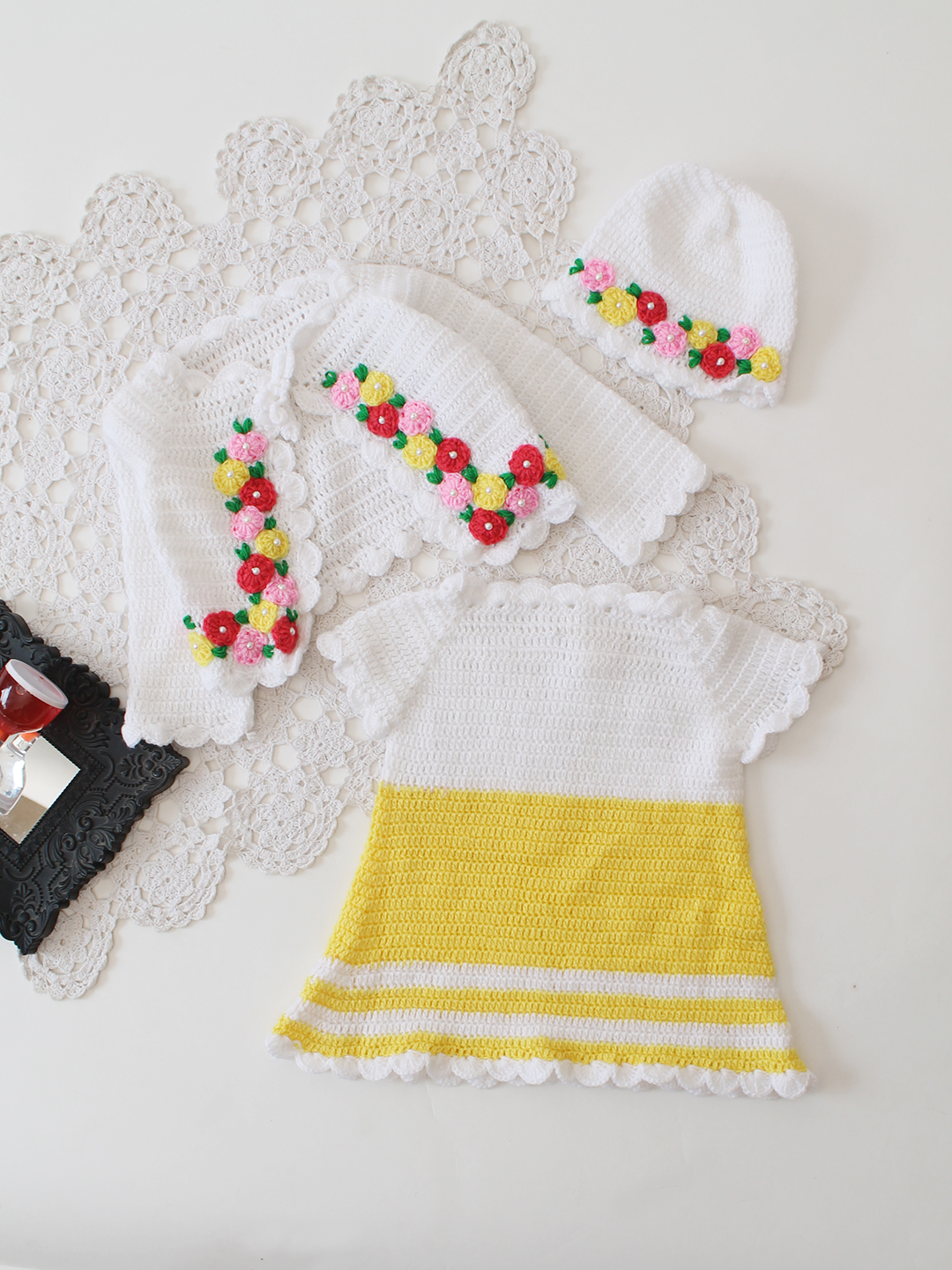 Woonie Crochet Frock with Matching Shrug and Cap - Yellow