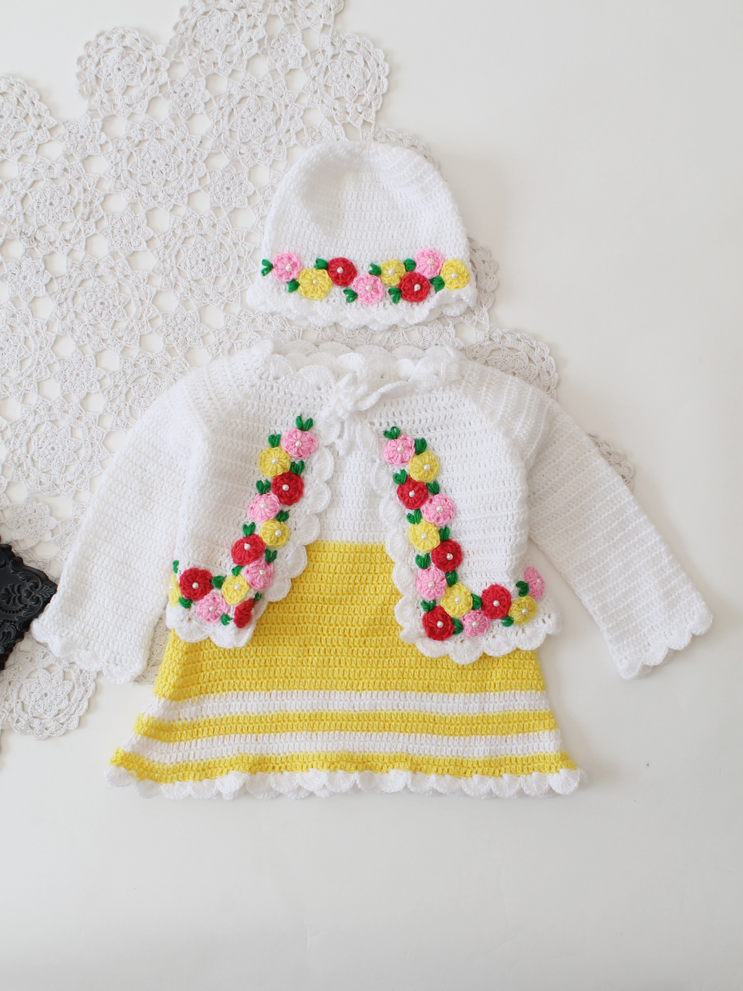 Woonie Crochet Frock with Matching Shrug and Cap - Yellow