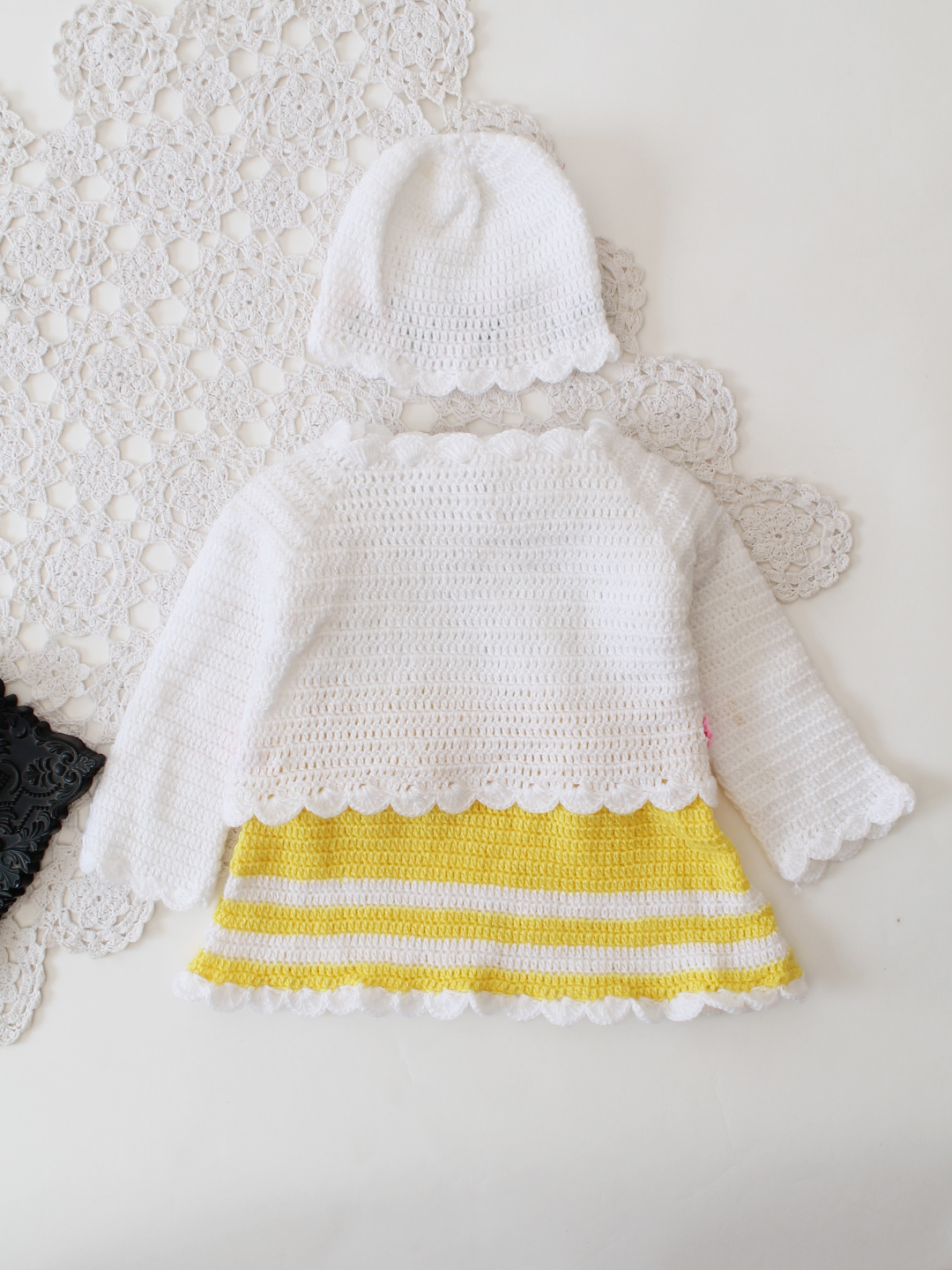 Woonie Crochet Frock with Matching Shrug and Cap - Yellow