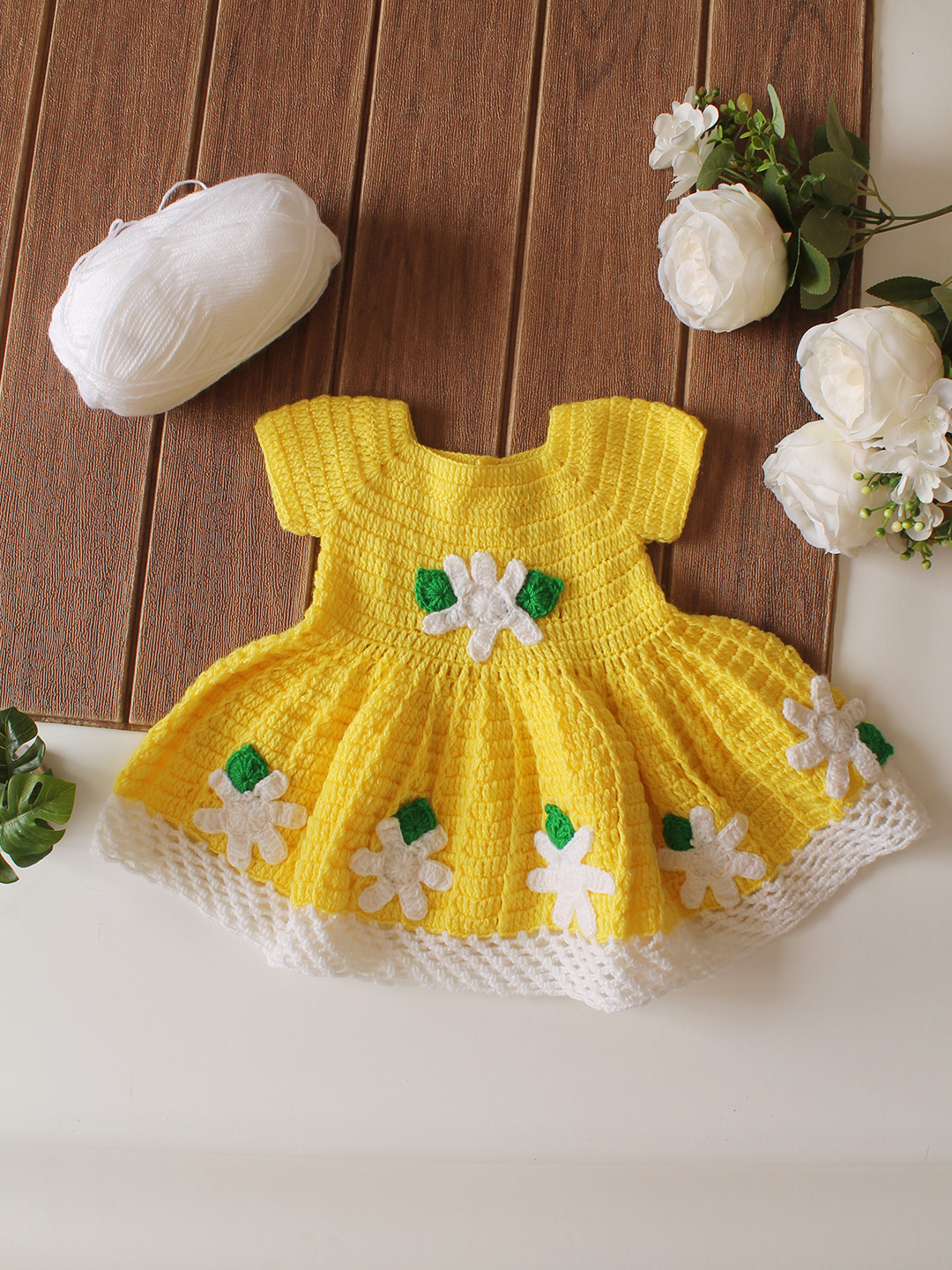 Woonie Crochet Floral Applique Frock - Yellow