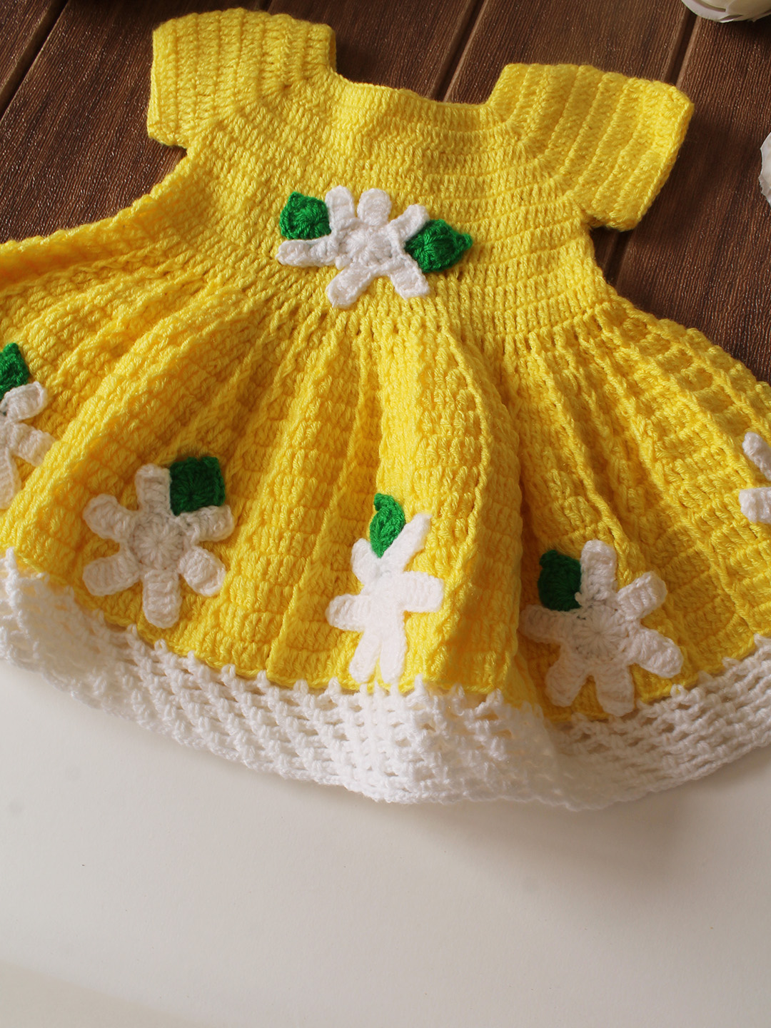 Woonie Crochet Floral Applique Frock - Yellow