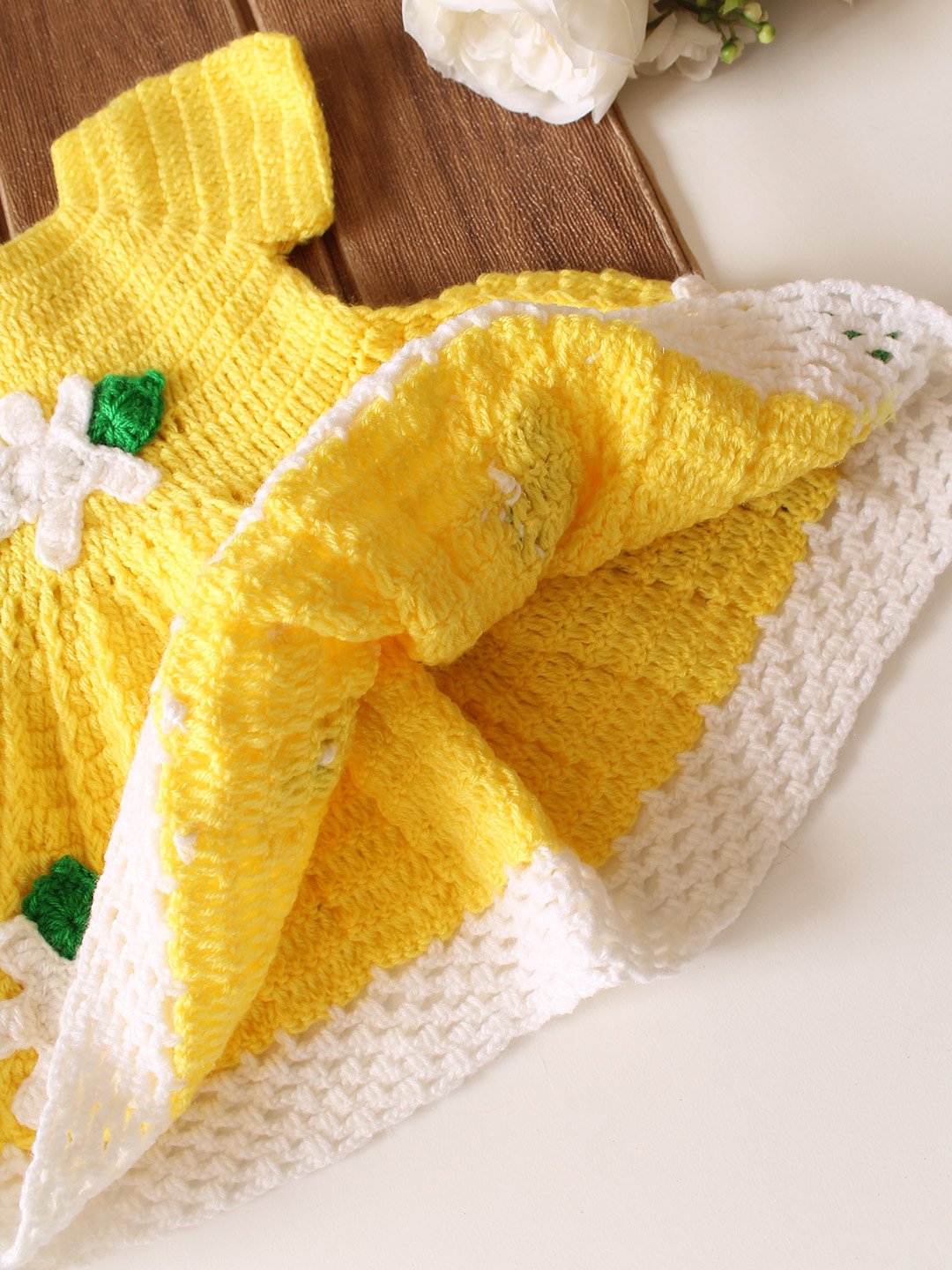 Woonie Crochet Floral Applique Frock - Yellow