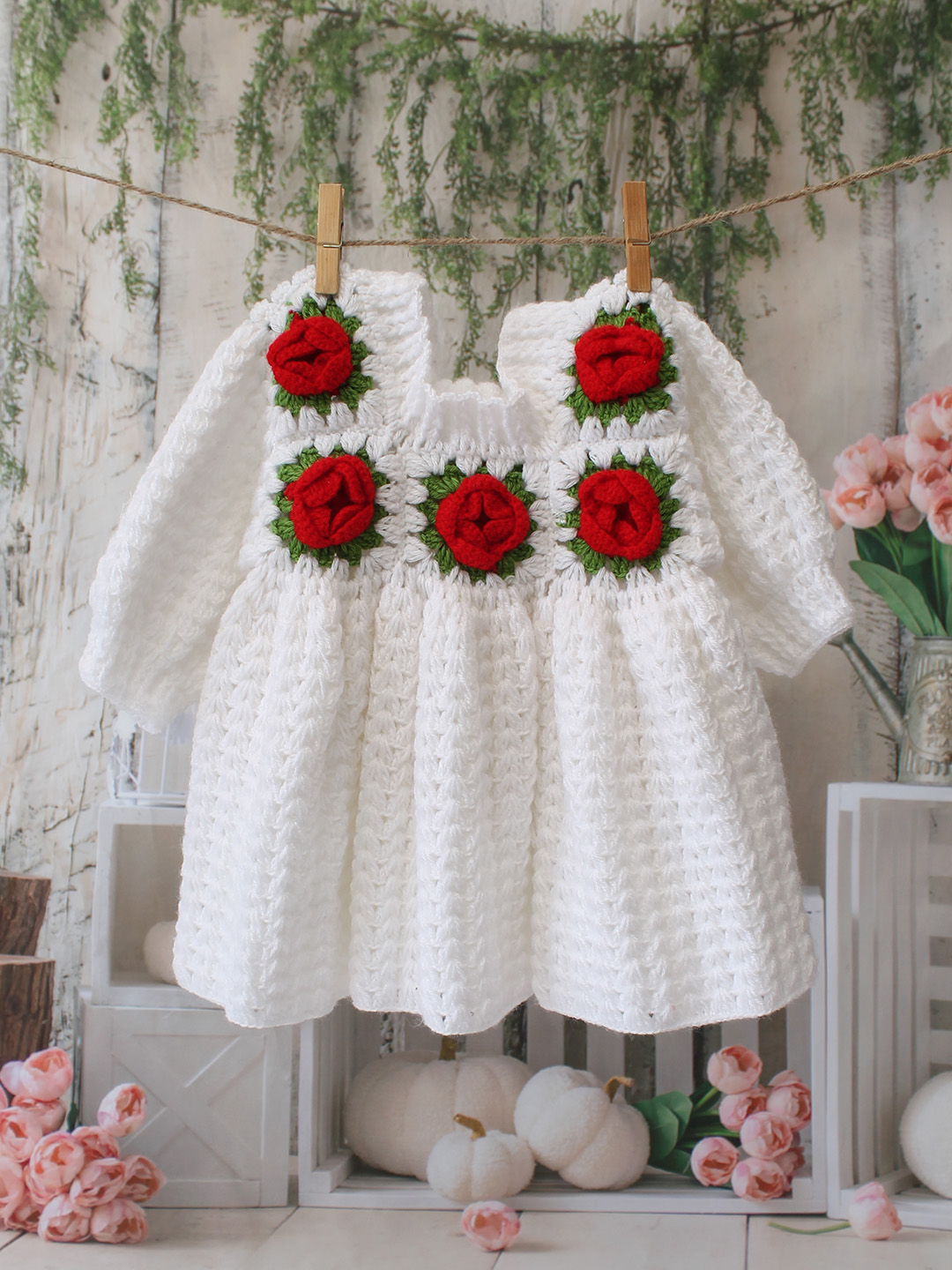 Woonie Crochet Rose Dress - White Woonie Crochet Rose Dress - White