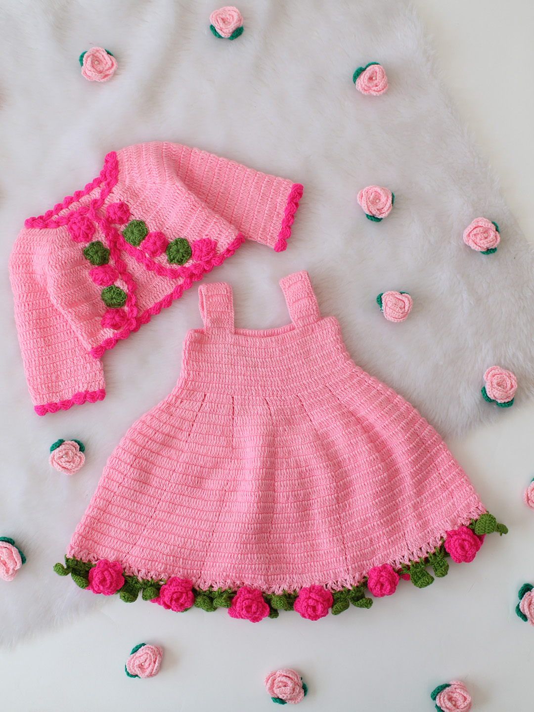 Woonie Crochet Frock with Matching Shrug - Pink