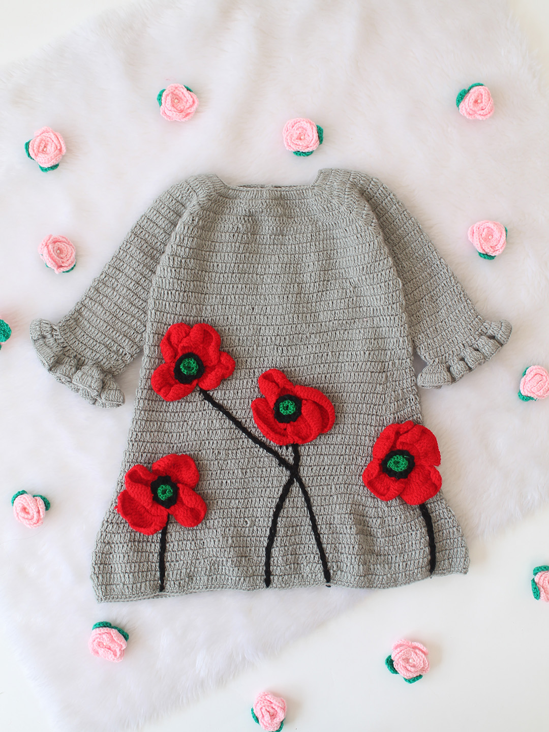 Woonie Crochet Floral Applique Dress - Grey