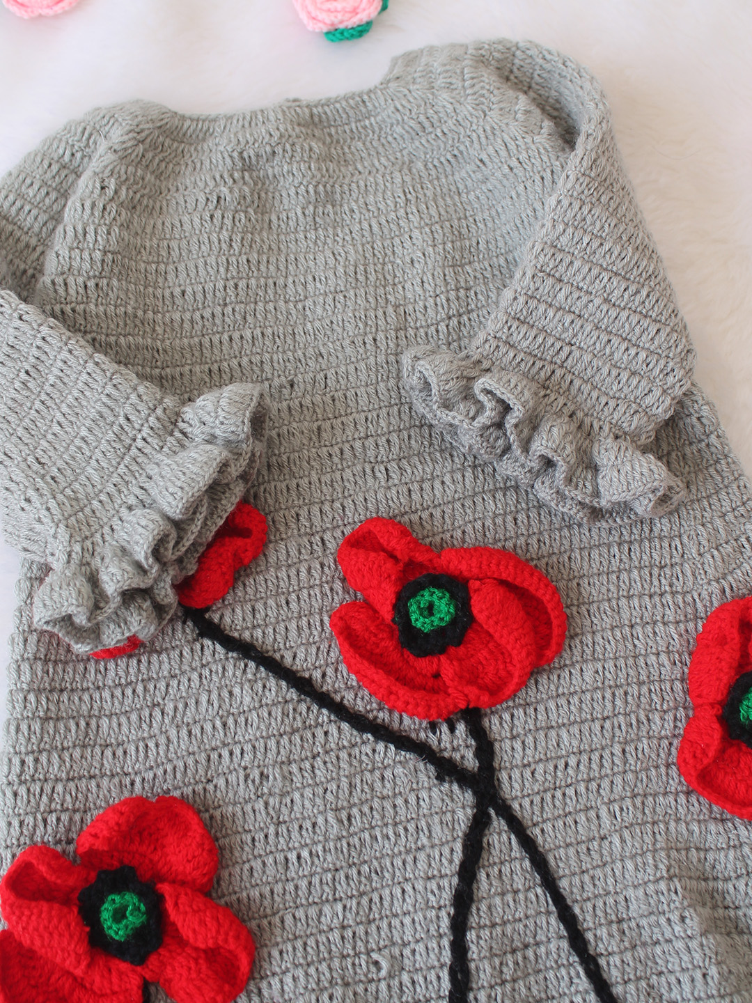 Woonie Crochet Floral Applique Dress - Grey