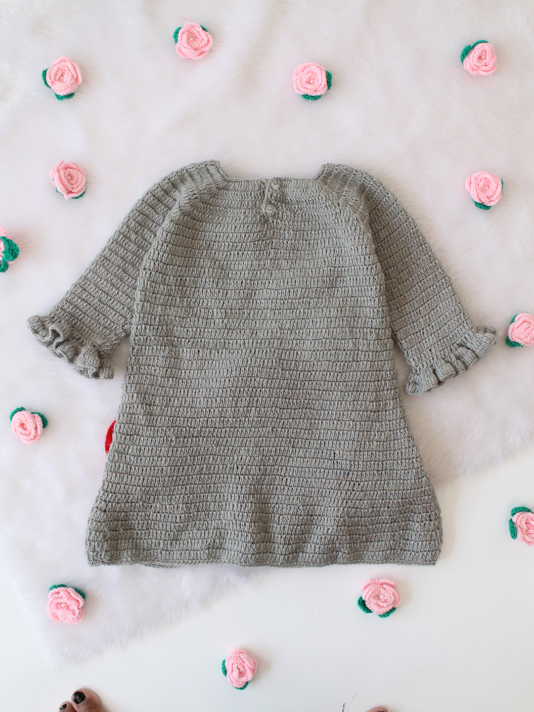 Woonie Crochet Floral Applique Dress - Grey