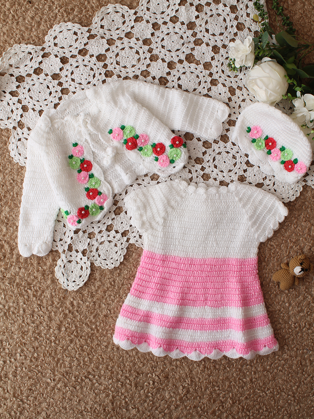 Woonie Handknitted Full Sleeves Frock with Matching Shrug and Cap - Pink