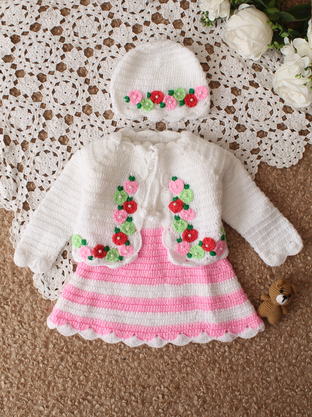 Woonie Handknitted Full Sleeves Frock with Matching Shrug and Cap - Pink
