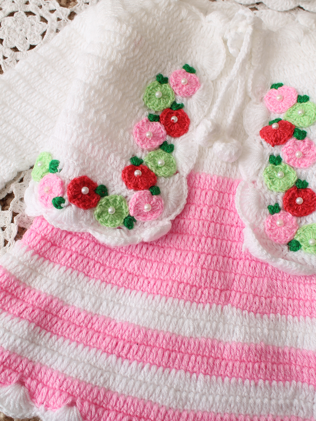 Woonie Handknitted Full Sleeves Frock with Matching Shrug and Cap - Pink