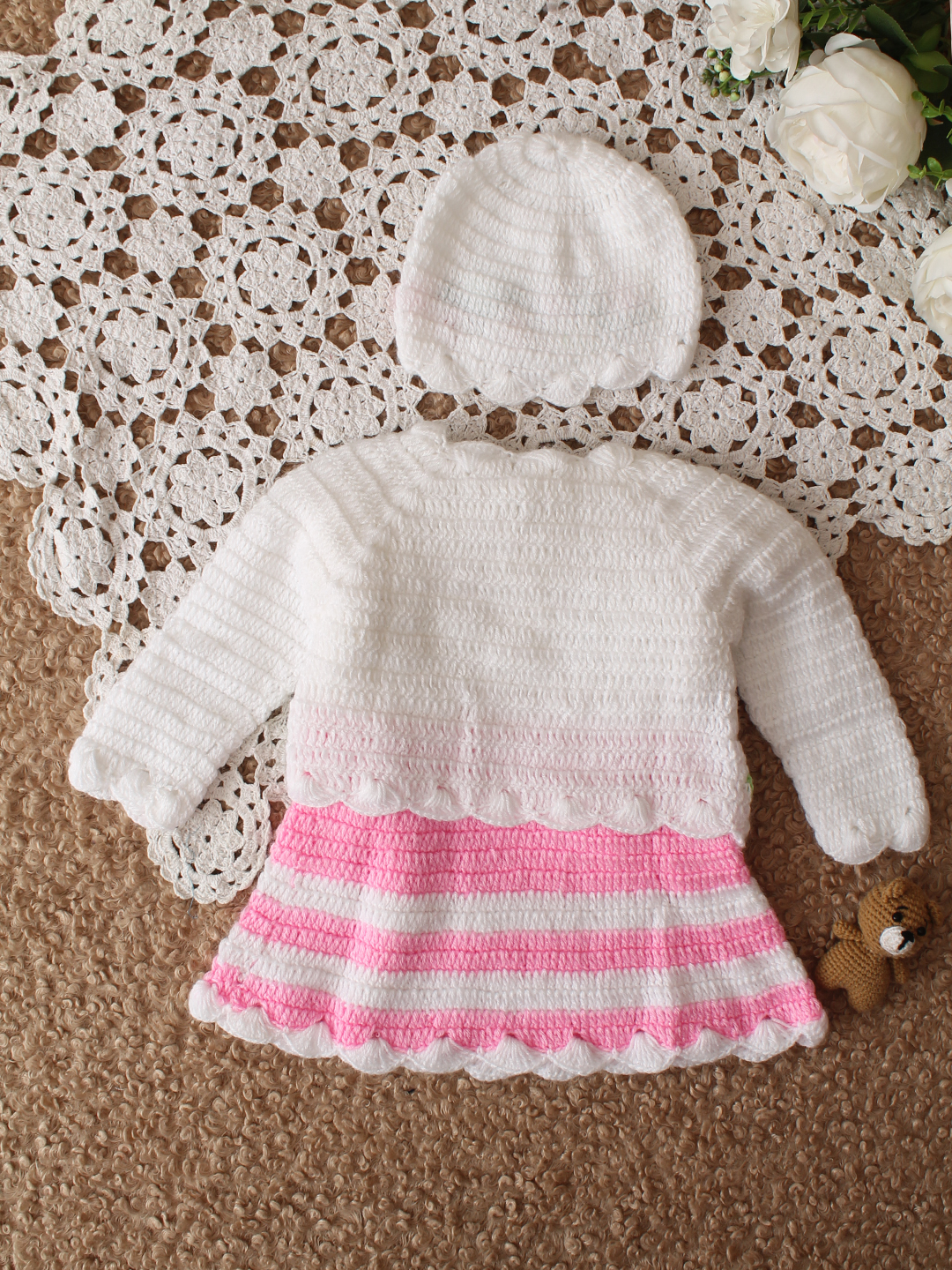 Woonie Handknitted Full Sleeves Frock with Matching Shrug and Cap - Pink