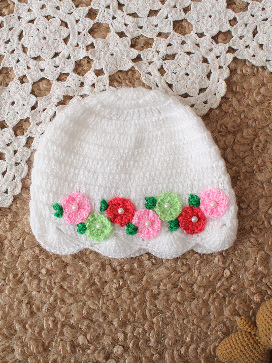 Woonie Handknitted Full Sleeves Frock with Matching Shrug and Cap - Pink