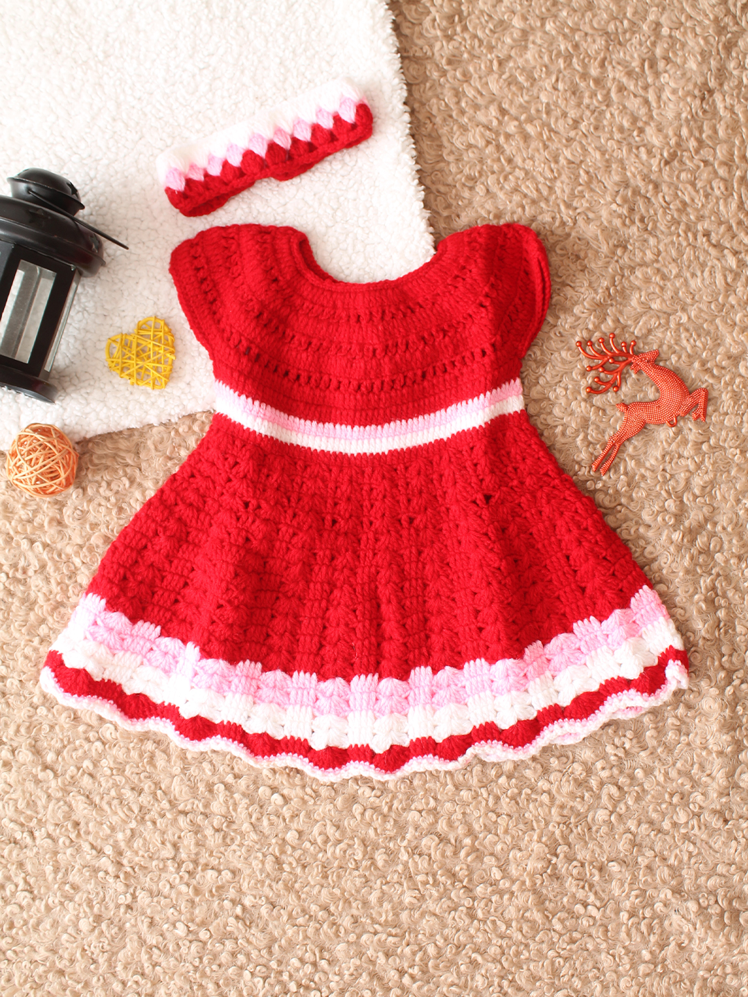 Woonie Handknitted Cap Sleeves Self Designed Frock with Headband - Red