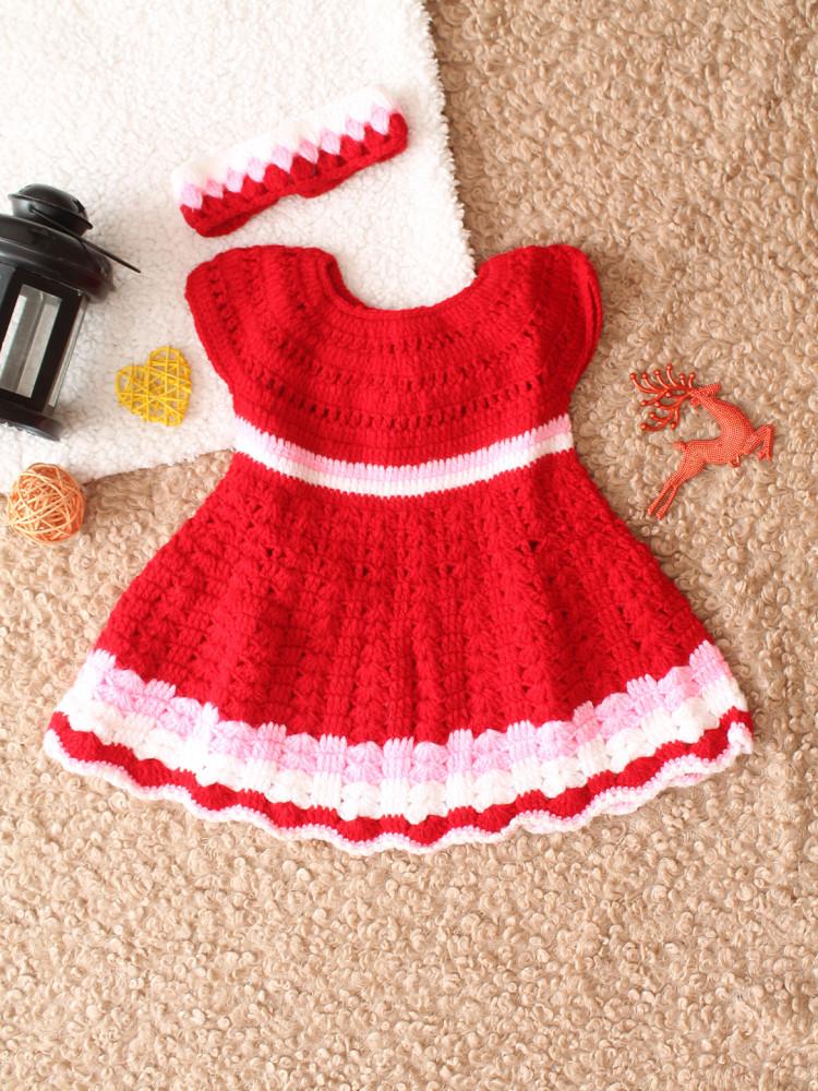 Image of Woonie Handknitted Cap Sleeves Self Designed Frock with Headband - Red