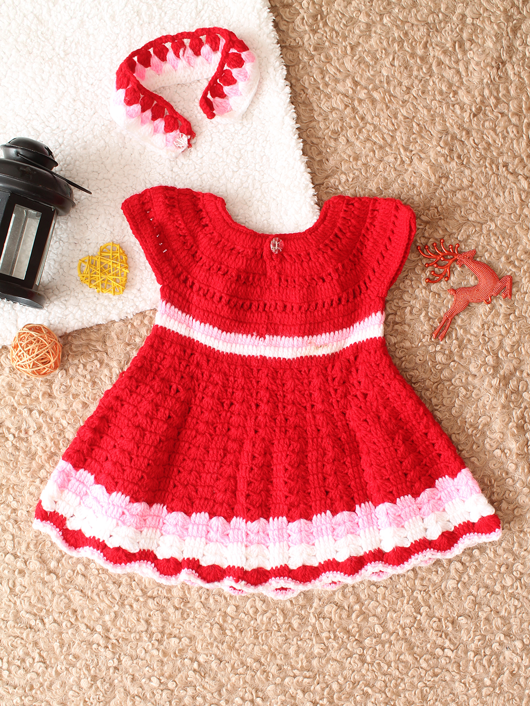 Woonie Handknitted Cap Sleeves Self Designed Frock with Headband - Red