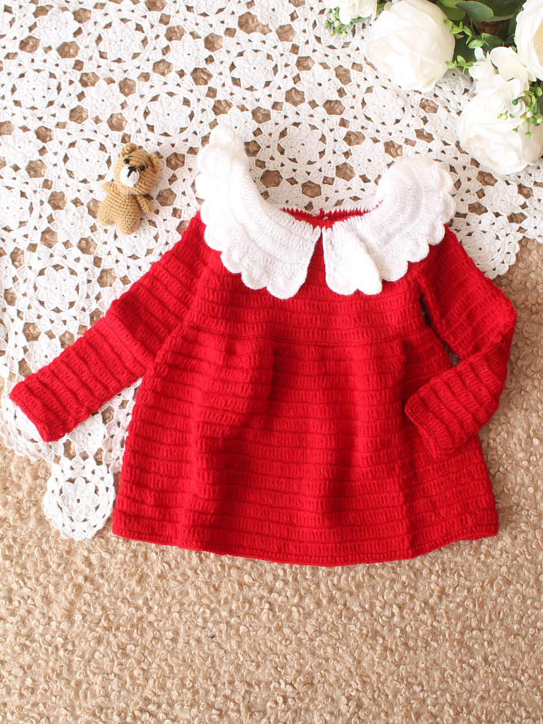 Woonie Handknitted Full Sleeves Collar Detailed Frock - Red