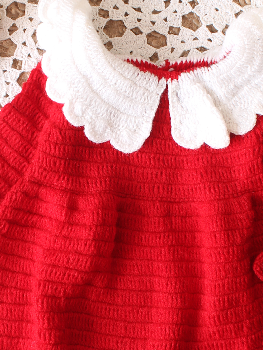 Woonie Handknitted Full Sleeves Collar Detailed Frock  - Red