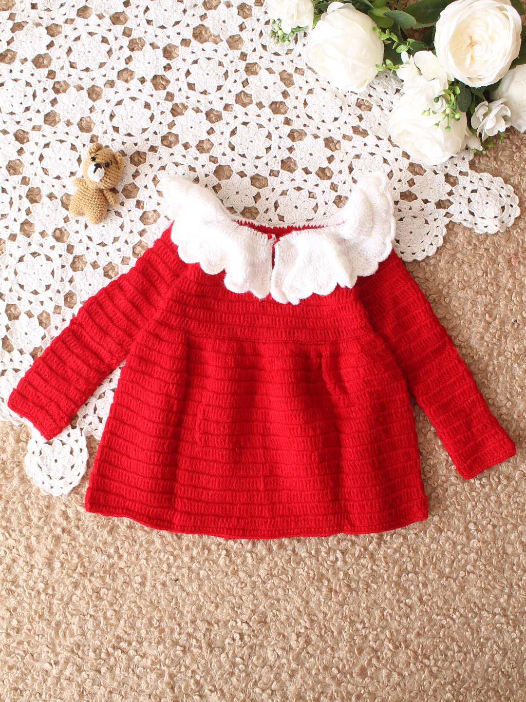 Woonie Handknitted Full Sleeves Collar Detailed Frock  - Red