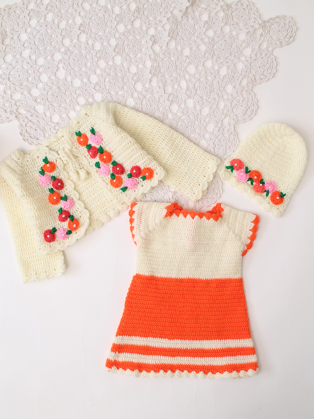 Woonie Handknitted Full Sleeves Frock with Matching Shrug and Cap - Orange