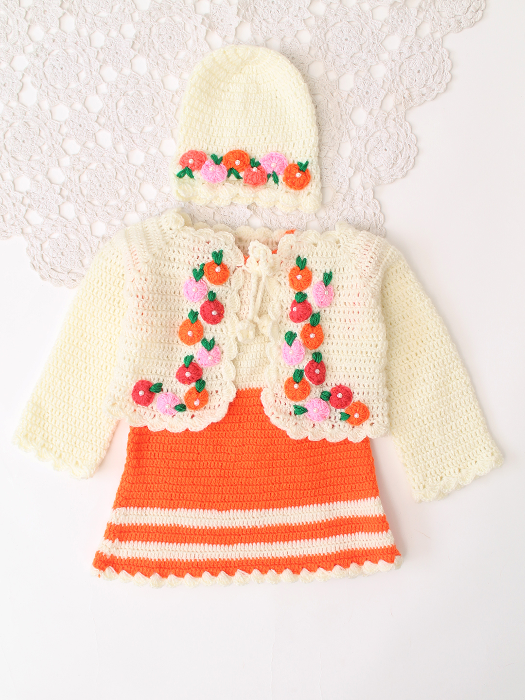 Woonie Handknitted Full Sleeves Frock with Matching Shrug and Cap - Orange