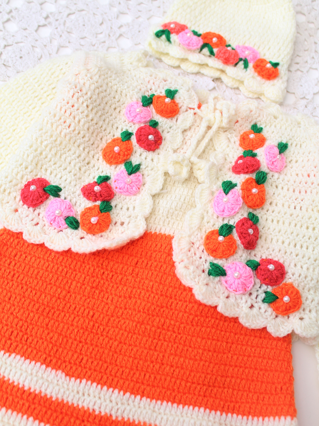 Woonie Handknitted Full Sleeves Frock with Matching Shrug and Cap - Orange