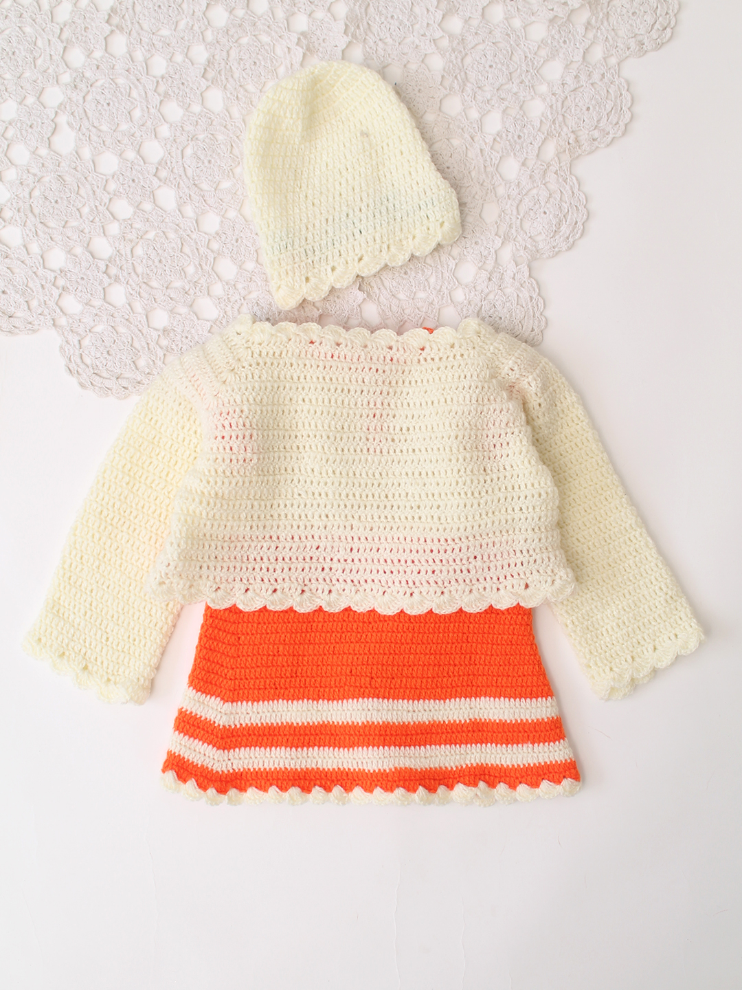 Woonie Handknitted Full Sleeves Frock with Matching Shrug and Cap - Orange
