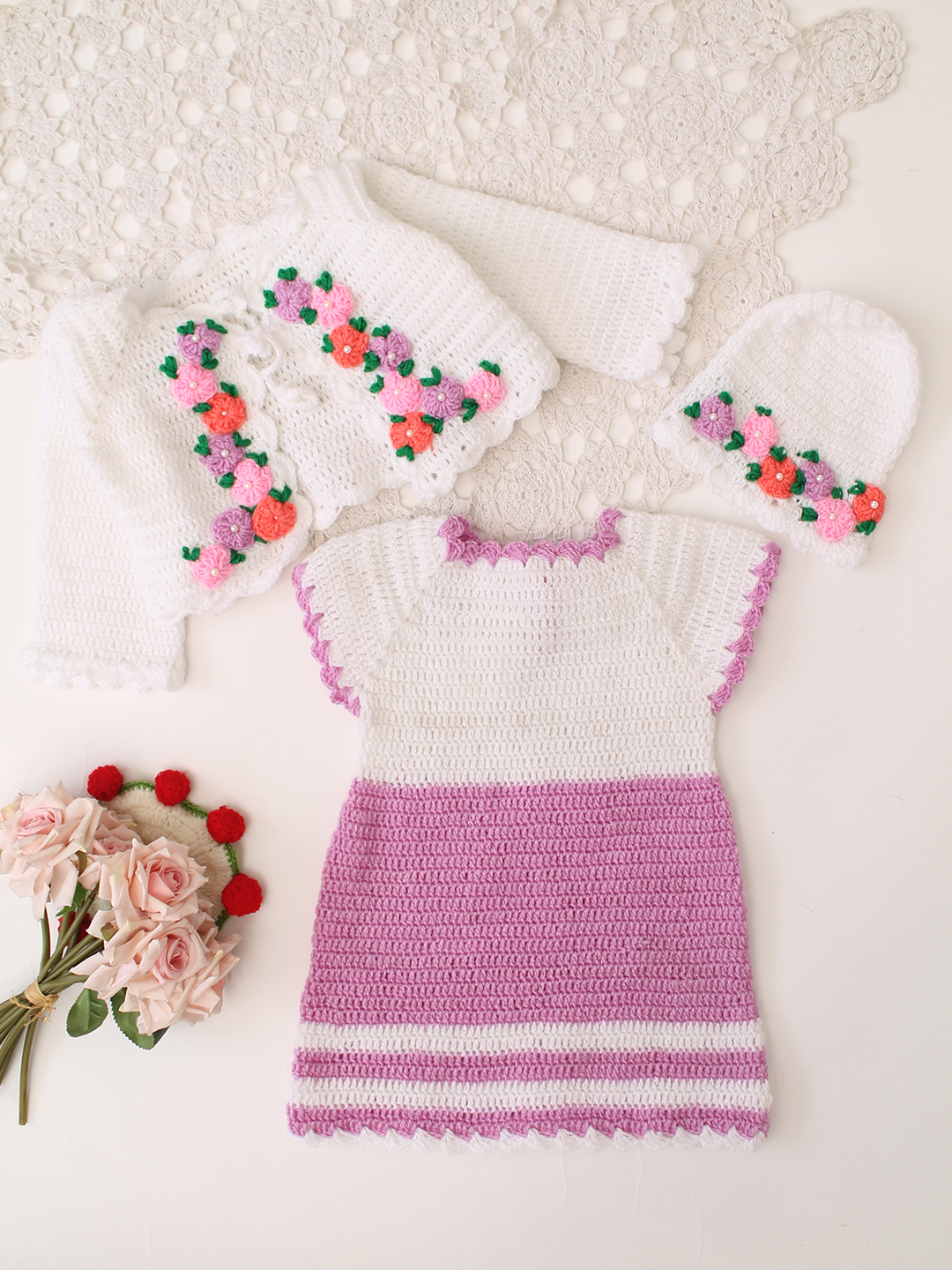 Woonie Handknitted Full Sleeves Frock with Matching Shrug and Cap - Lavender