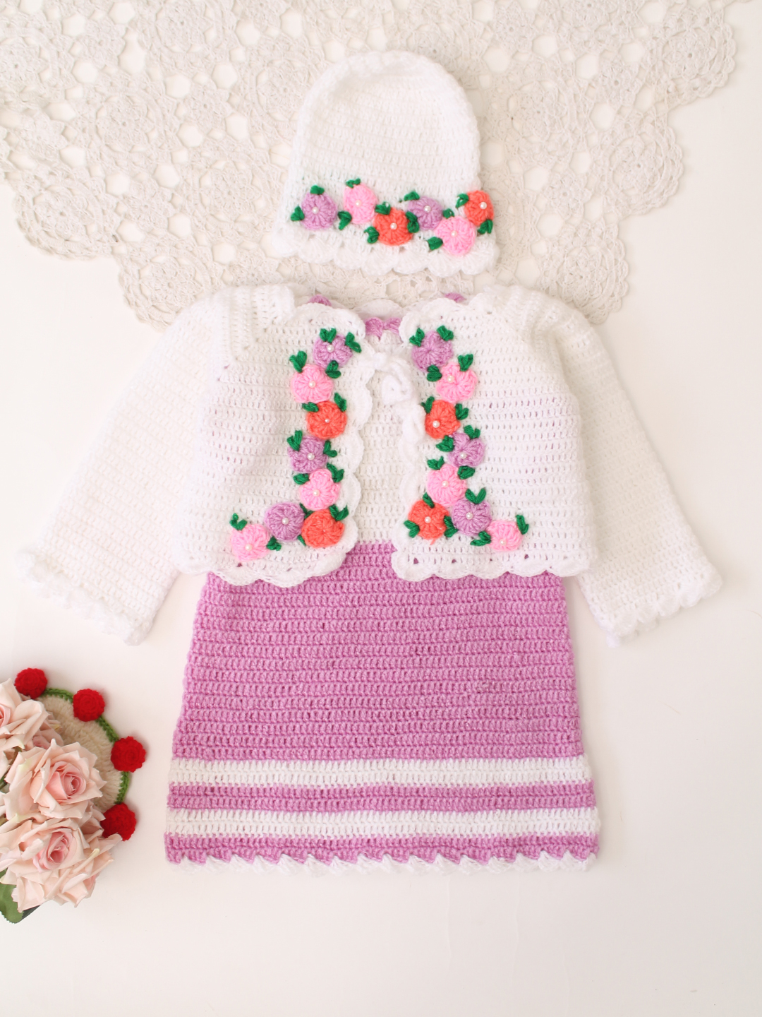 Woonie Handknitted Full Sleeves Frock with Matching Shrug and Cap - Lavender
