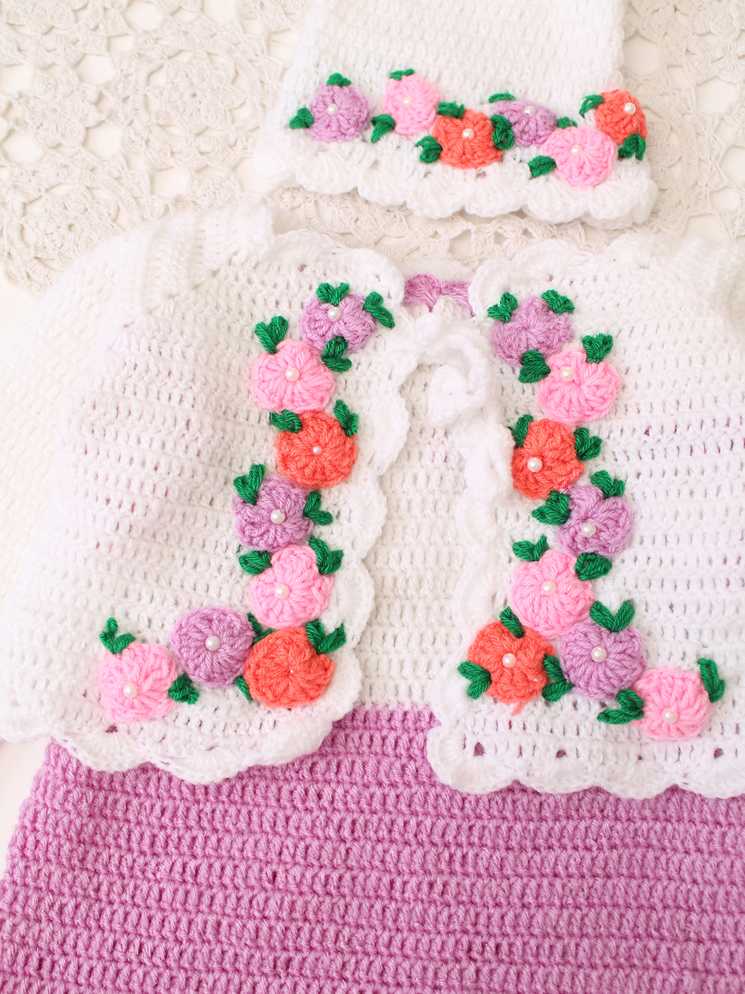 Woonie Handknitted Full Sleeves Frock with Matching Shrug and Cap - Lavender