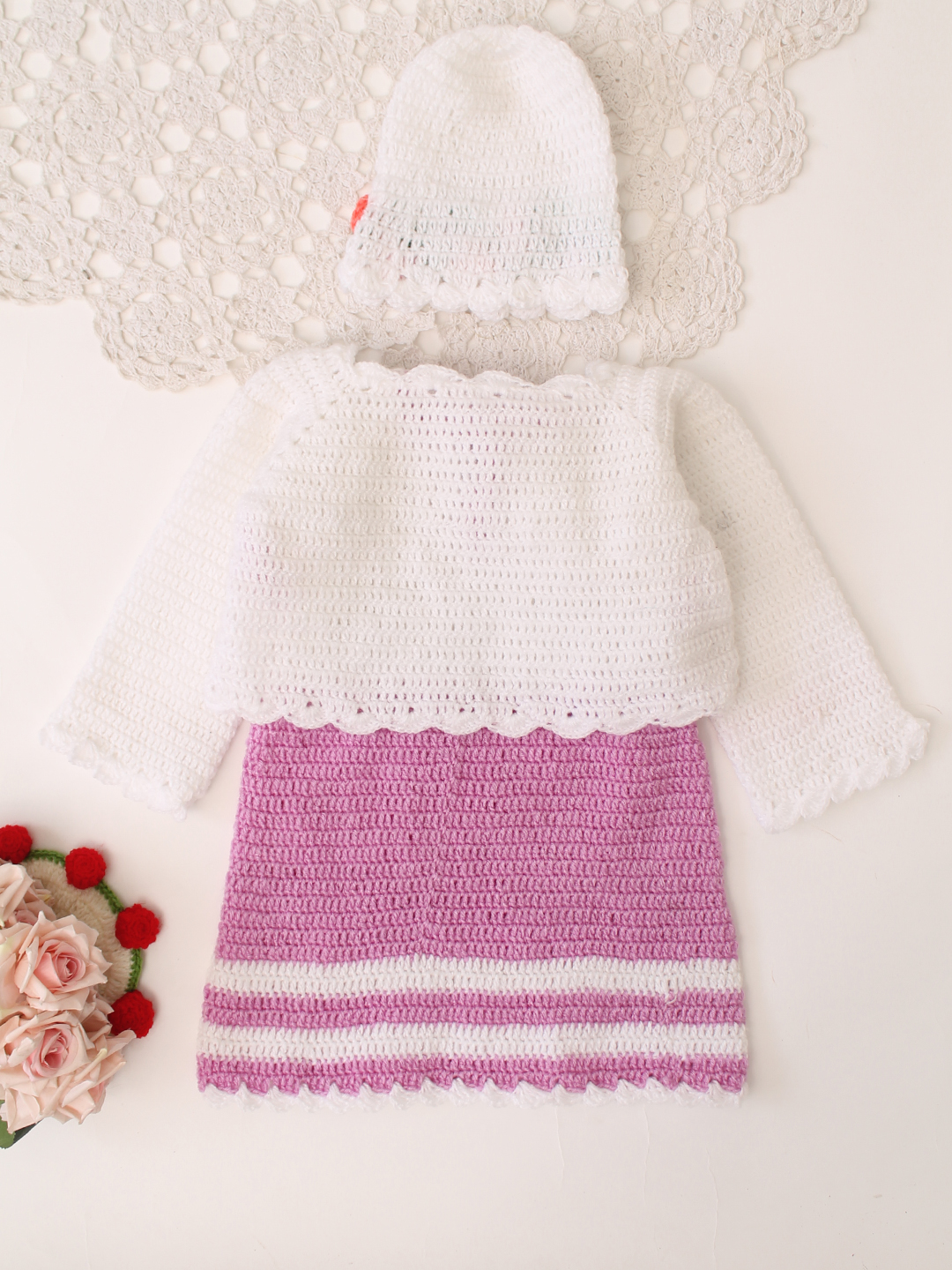 Woonie Handknitted Full Sleeves Frock with Matching Shrug and Cap - Lavender