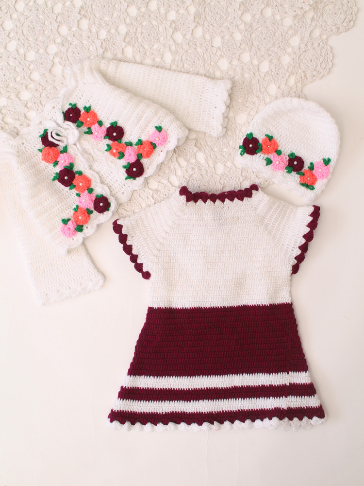 Image of Woonie Handknitted Full Sleeves Frock with Matching Shrug and Cap - Wine